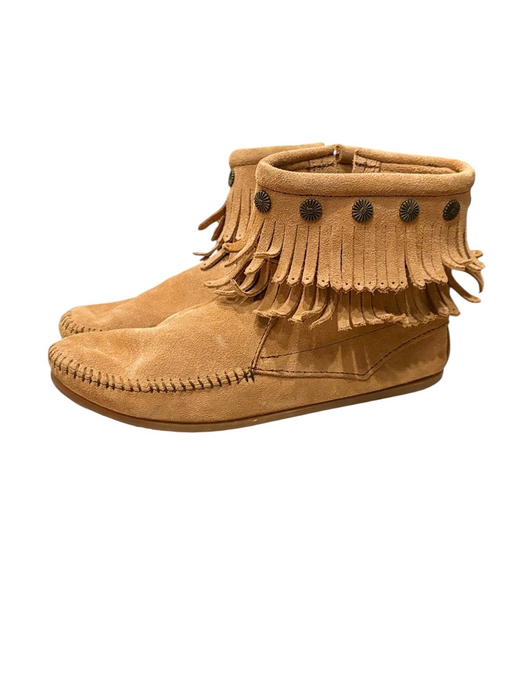 Minnetonka Tan Suede Moccasin Fringe Fall Cozy Short Boots Zip Closure sz 8.5 - Picture 6 of 15